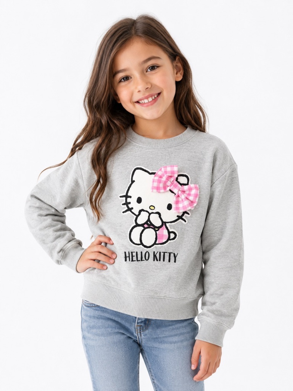 New - Hello Kitty Girls' Gray Sweatshirt with Pink Bow - Picture 2 of 8